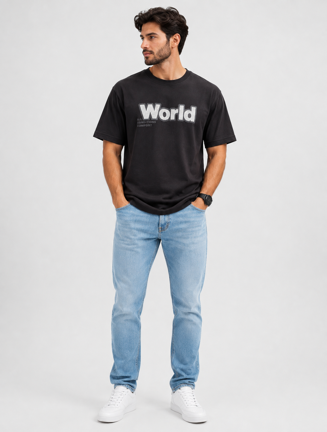 تیشرت مردانه یقه گرد طرح برجسته world