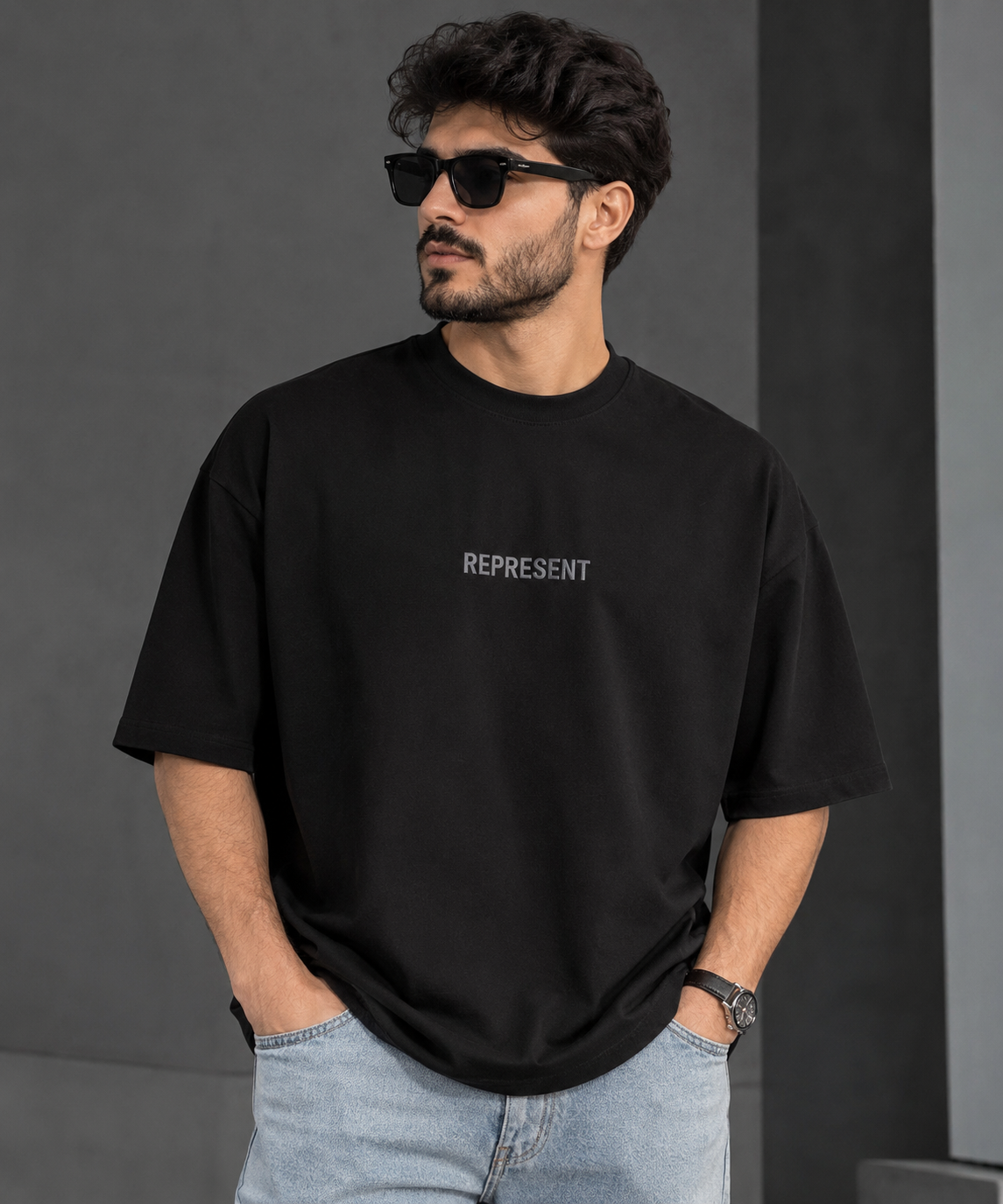 تیشرت مردانه یقه گرد اورسایز چاپ برجسته طرح REPRESENT