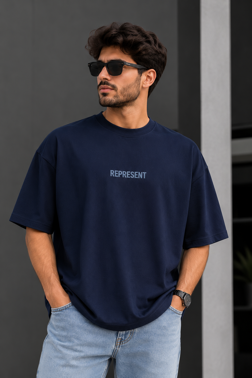 تیشرت مردانه یقه گرد اورسایز چاپ برجسته طرح REPRESENT