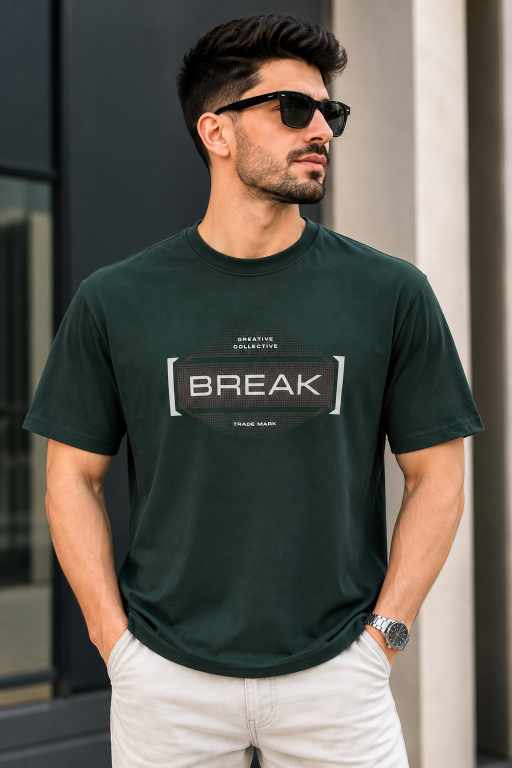تیشرت مردانه یقه گرد چاپ برجسته طرح BREAK