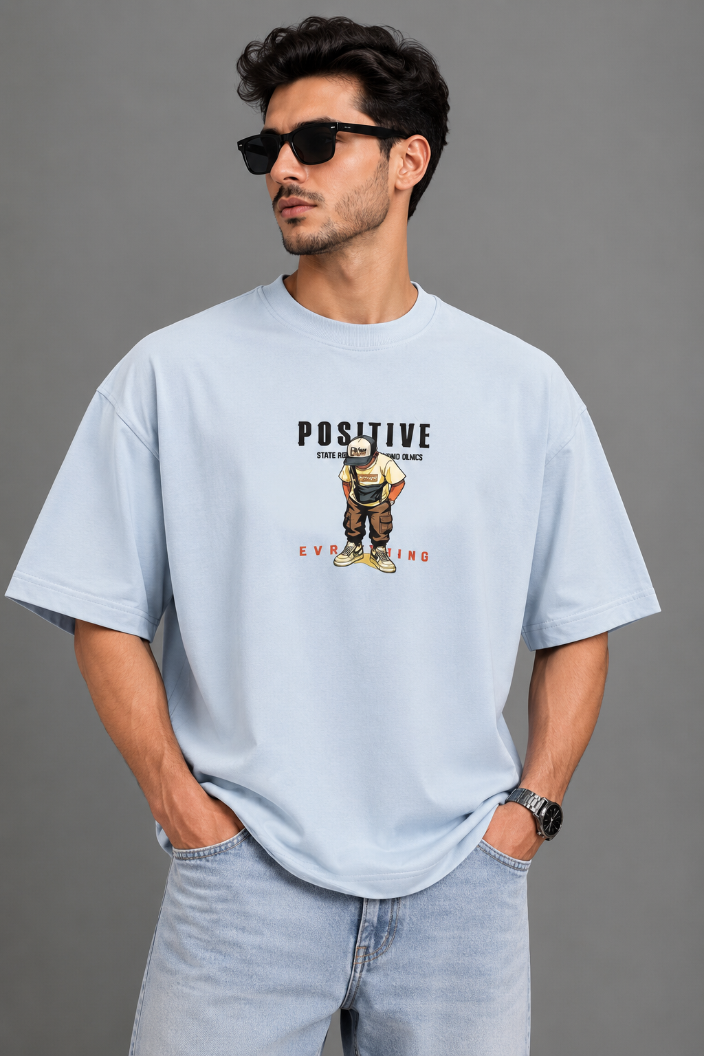 تیشرت مردانه یقه گرد اورسایز طرح positive