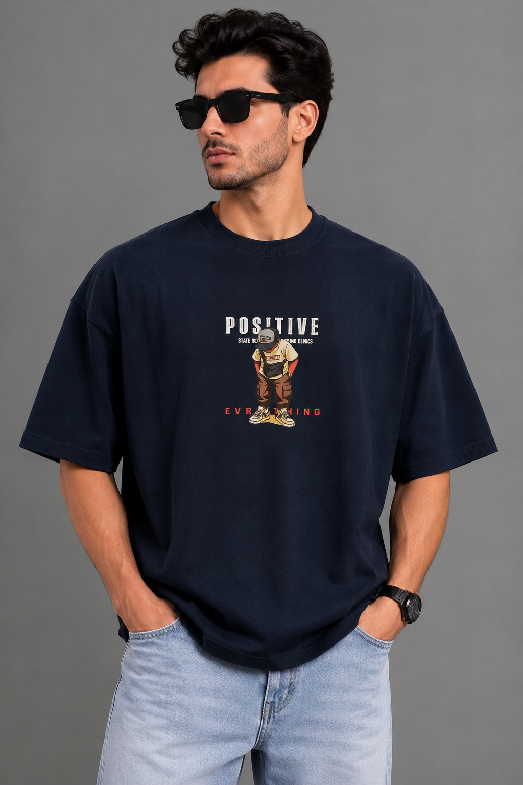 تیشرت مردانه یقه گرد اورسایز طرح positive