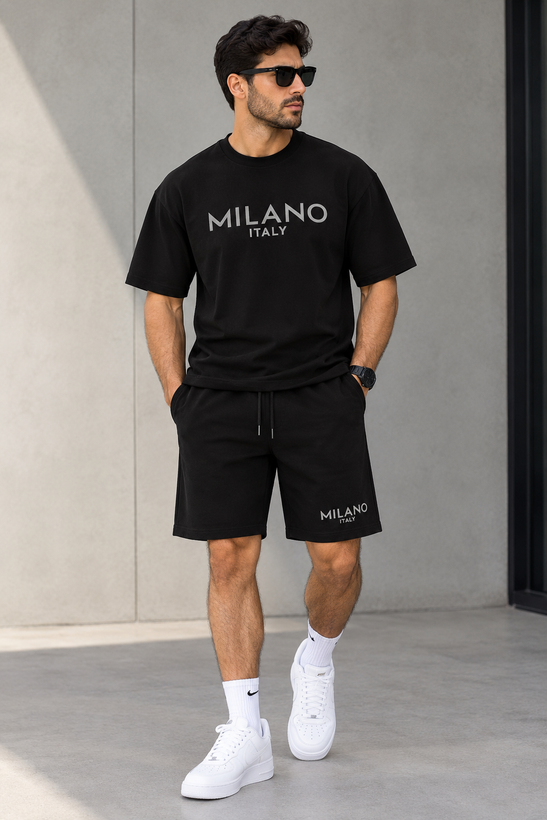 ست تیشرت شلوارک مردانه اورسایز با چاپ برجسته طرح MILANO