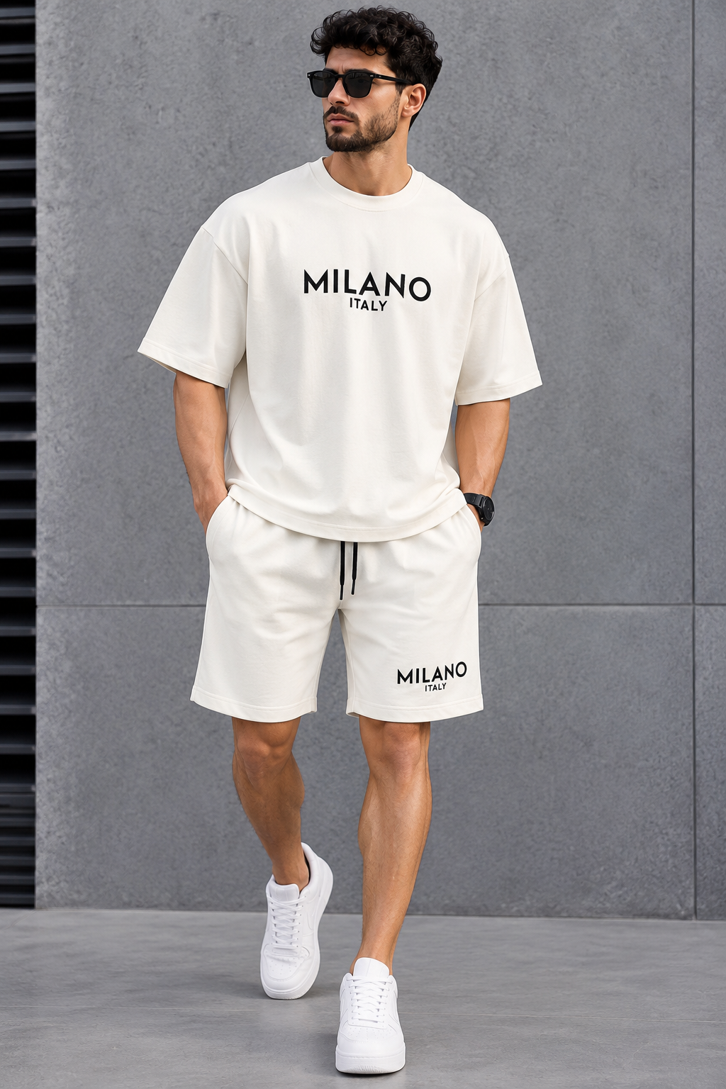 ست تیشرت شلوارک مردانه اورسایز با چاپ برجسته طرح MILANO