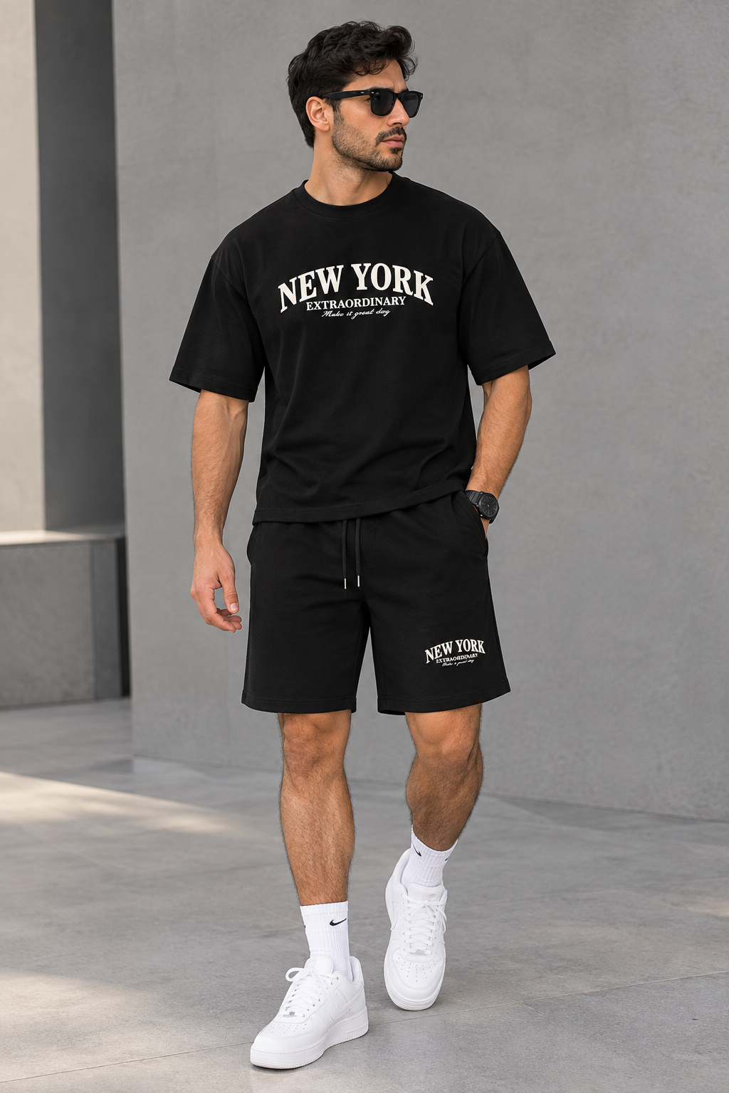 ست تیشرت شلوارک مردانه اورسایز دونخ طرح NEW YORK