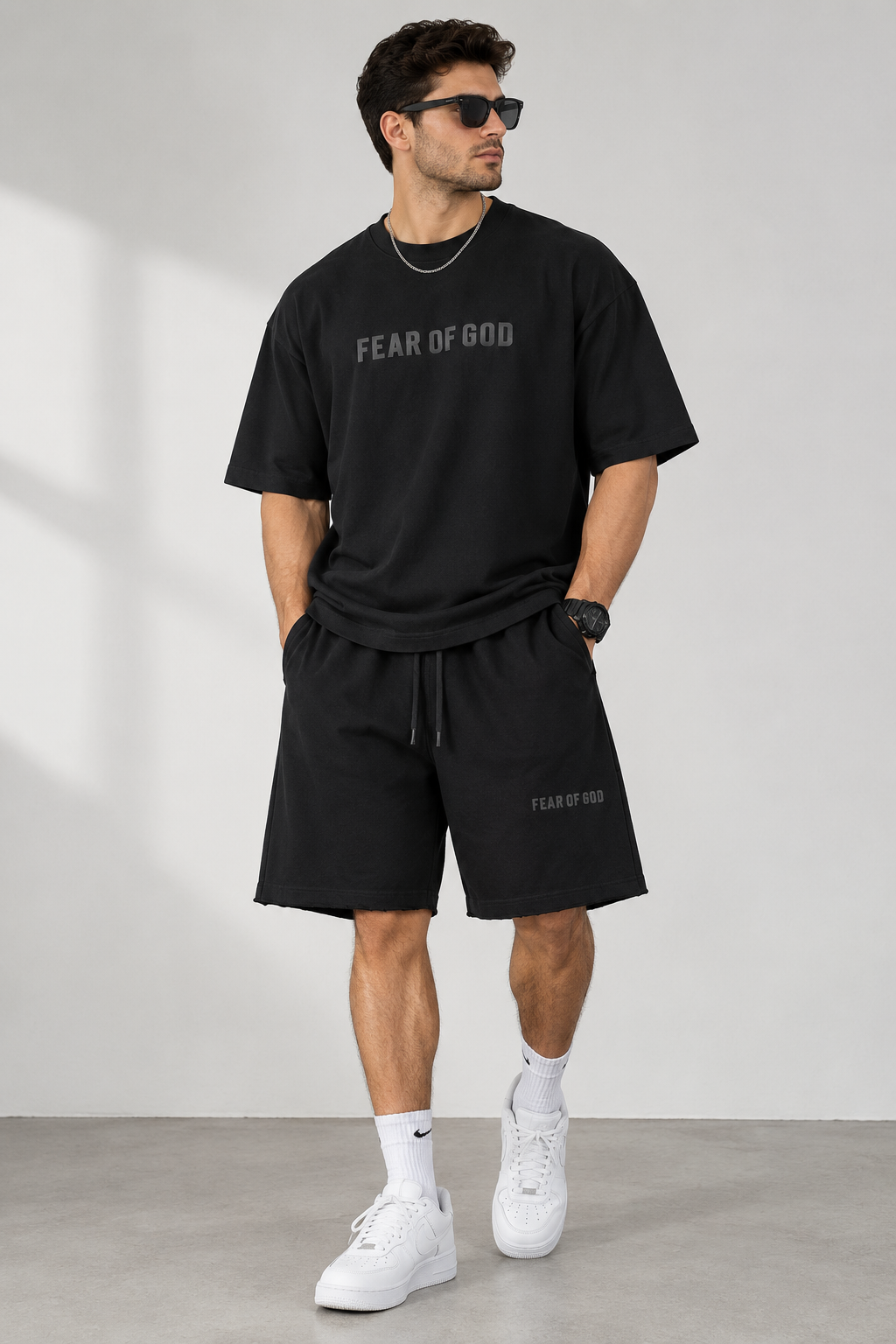 ست تیشرت شلوارک مردانه اورسایز دونخ طرح FEAR OF GOD