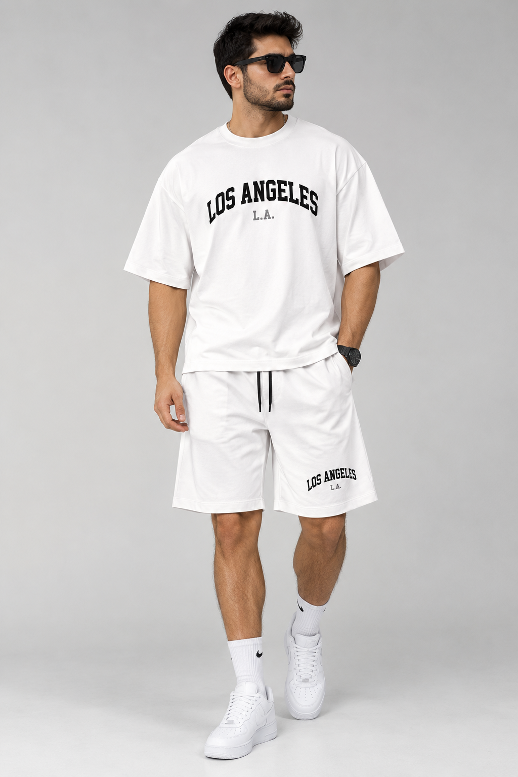 ست تیشرت شلوارک مردانه اورسایز دونخ طرح LOS ANGELES